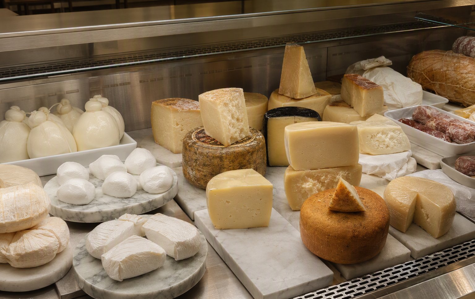 Il banco degli alimentari con i formaggi e i salumi in vetrina